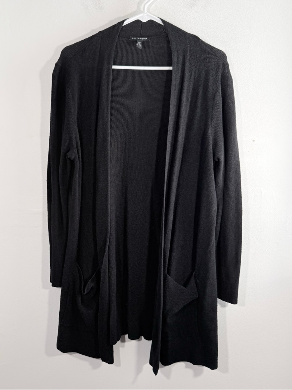 Eileen Fisher Black Linen Open Front Lightweight Knit Cardigan Pockets Small